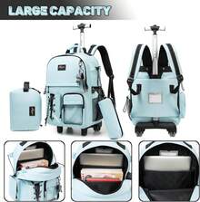 Kids Rolling Backpack With Wheels Unisex Suitcase Carry On Luggage For Elementary Middle High School Students - 天藍色2 - 查看 4
