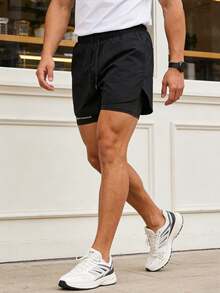 男士字母图案抽绳腰短裤 - 黑色 - 查看 4