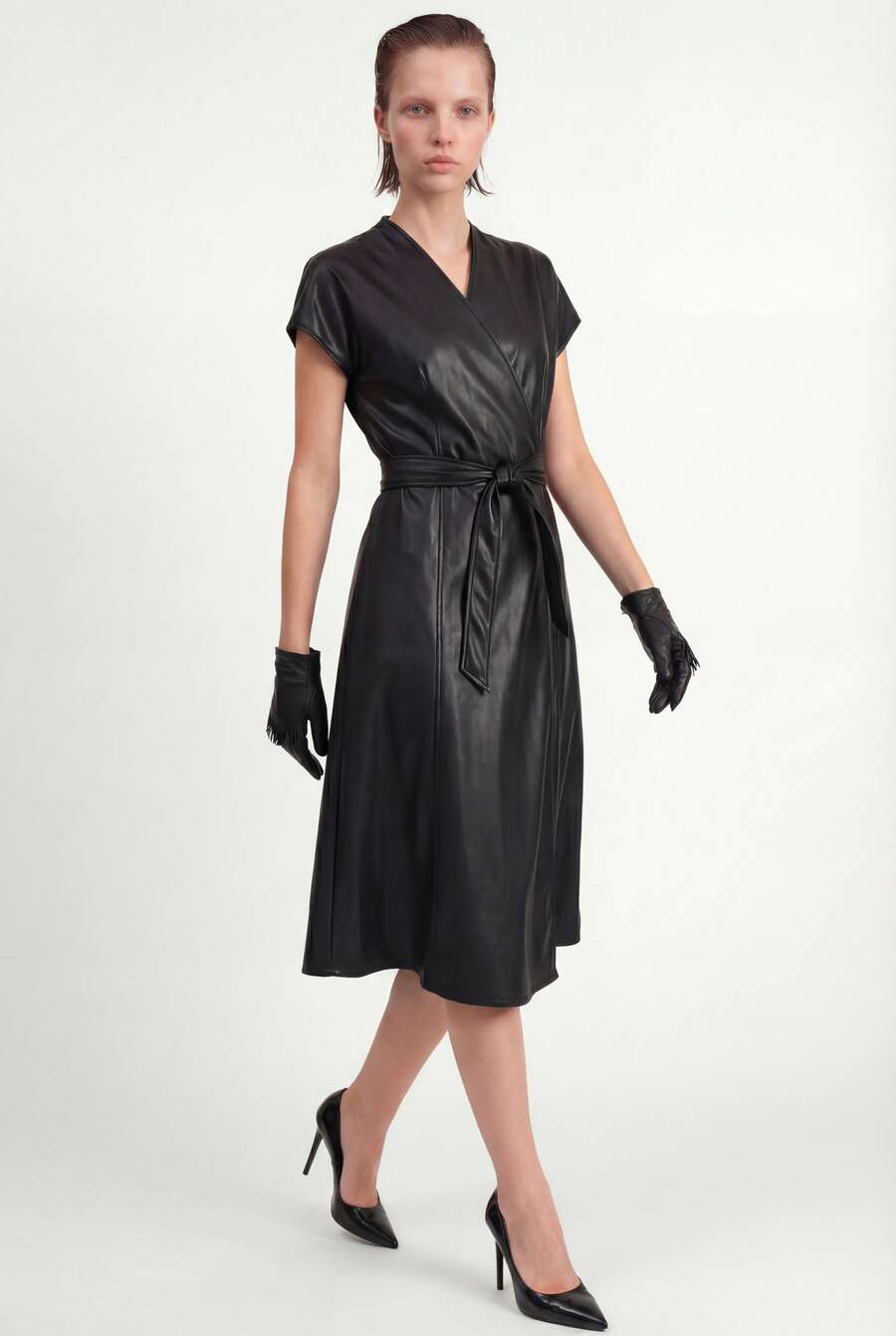 Elegant Black Flared Faux Leather Dress - SIMA R2 BLACK - Black - View 1