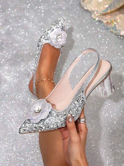 Women's Pointed Toe Backless High Heel Sandals With Sparkling Rhinestone Decor, Transparent Crystal Heel, Elastic Ankle Strap, Comfortable Padded Sole, Slip-On Design, Elegant Dance Shoes For Wedding, Party, Valentine's Day