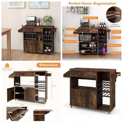 Kitchen Island On Wheels, Rolling Kitchen Storage Trolley With Drop Leaf Worktop, Drawer, Wine Rack, Glass Holder, Open Adjustable Shelf, Utility Bar Serving Cart Sideboard Rustic Brown