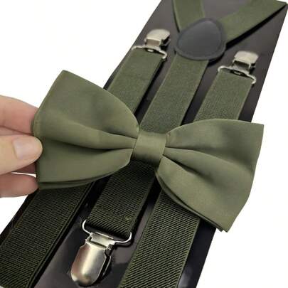 Conjunto Suspensório e Gravata Borboleta Verde Oliva Adulto  Poliéster