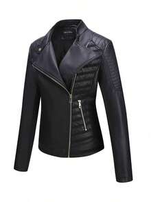 Giolshon 女士时尚 PU 皮革摩托车夹克 - 休闲街头风夹克，适合春秋季穿着 - 黑色 - 查看 5