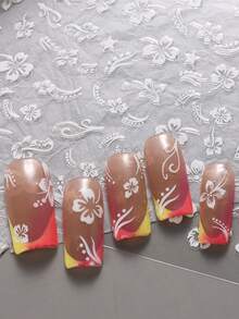 2 piezas Pegatinas de arte de uñas 3D de flor de hibisco, calcomanías de uñas florales rosa y blancas, láminas de uñas de hojas tropicales para el verano - Multicolor - Ver 5