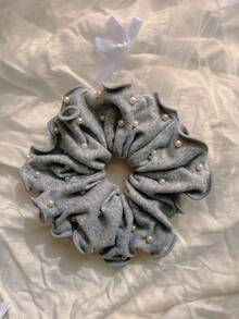 1个灰色针织花苞荷叶边发圈，大号仿珍珠柔软舒适发圈，高端发饰马尾辫，发圈发绳头饰弹力发带美妆家居发饰发圈，节日派对 - 灰色 - 查看 10