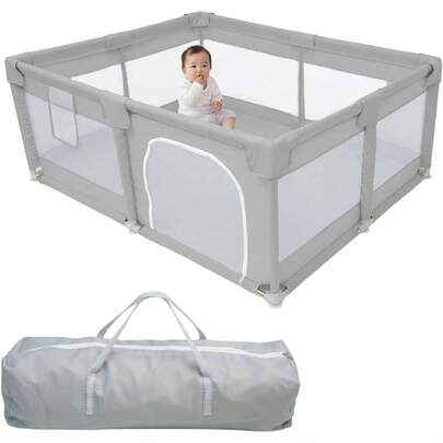 ベビーサークル メッシュ 赤ちゃん 組み立て動画 高さ65cm 収納袋付き 吸盤付き 工具不要 大きめ 小さめ ベビー (ベージュ, 120×70)