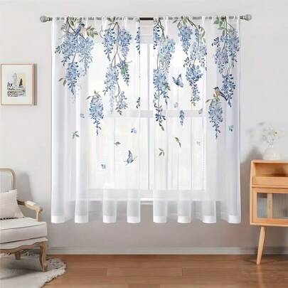 两件套紫罗兰喜鹊蝴蝶薄纱窗帘 - 杆袋式设计，方便悬挂，透光涤纶面料，适用于客厅和卧室装饰