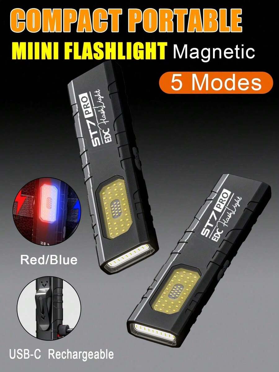 ST7 EDC Ultra-Thin High-Lumen Flashlight | 450 Lumens Dual Modes + Red/Blue Warning Strobe | USB-C Fast Charging | IPX4 Water & Rain Resistant | Magnetic Base + Portable Clip | Top Choice Mini LED Light For Camping, Hiking & Emergencies - 黑色 - 查看 1