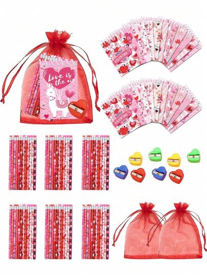 16/4pcs Party Favors Set, Includes Pencil, Portable Spiral Notebook, Heart-Shaped Pencil Sharpener, 17*23cm Red Bag, Stationery Gift Set, Party Gifts, Souvenirs, Suitable For Holiday Parties, Themed Events, Birthdays, Anniversaries, Weddings, Gifts For Friends And Guests