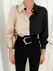 Camisa de mujer Camisa de manga larga de una sola botonadura para mujer, inspirada en la moda vintage chic coreana, con diseño en colores mezclados, ideal para el otoño. Camisa de manga larga de gasa para mujer, elegante y versátil, con diseño en colores mezclados y bloques de color, inspirada en la moda vintage. - Negro - Ver 1