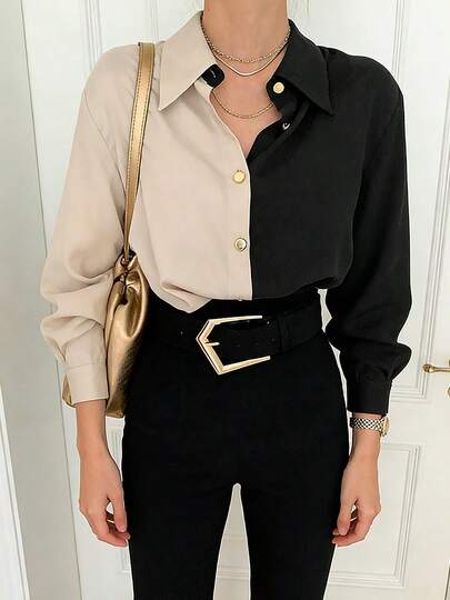 Camisa de mujer Camisa de manga larga de una sola botonadura para mujer, inspirada en la moda vintage chic coreana, con diseño en colores mezclados, ideal para el otoño. Camisa de manga larga de gasa para mujer, elegante y versátil, con diseño en colores mezclados y bloques de color, inspirada en la moda vintage.