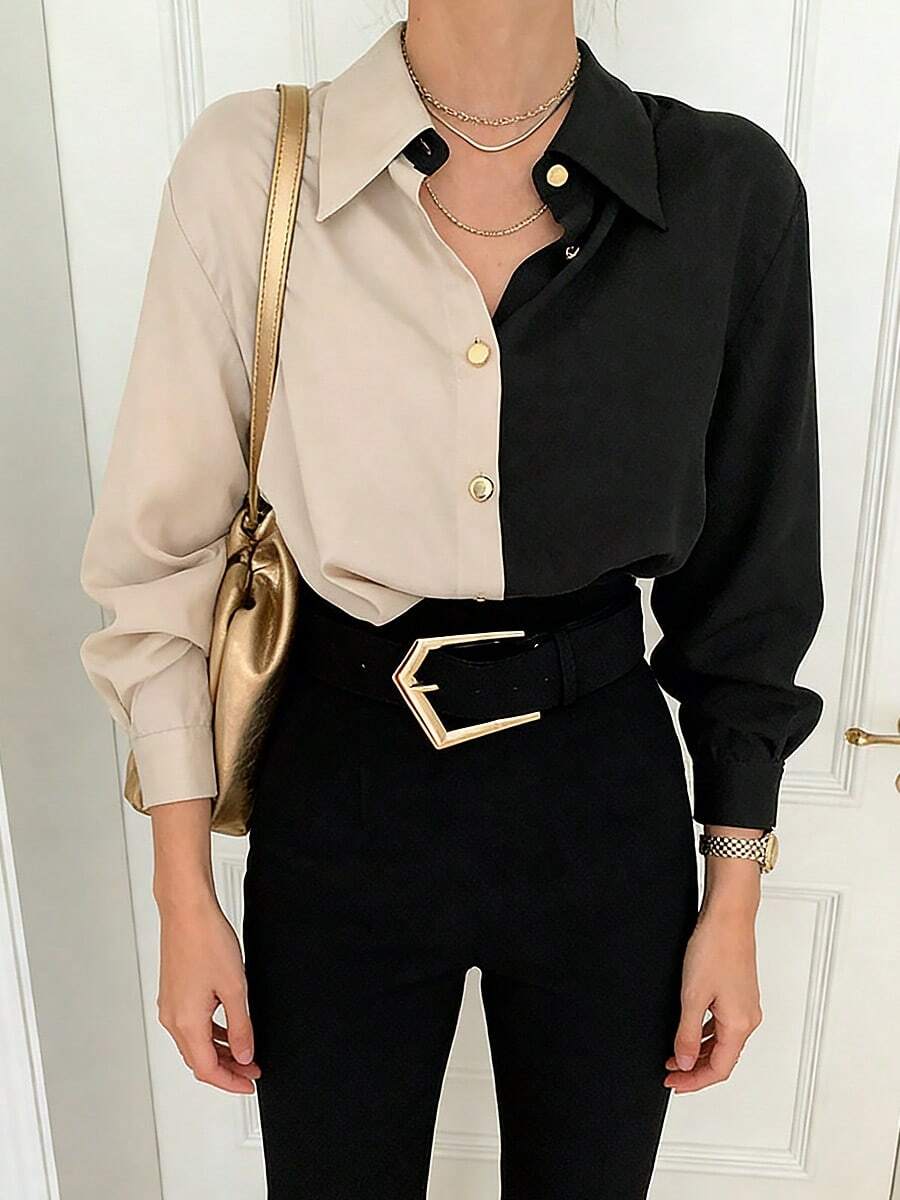 Camisa de mujer Camisa de manga larga de una sola botonadura para mujer, inspirada en la moda vintage chic coreana, con diseño en colores mezclados, ideal para el otoño. Camisa de manga larga de gasa para mujer, elegante y versátil, con diseño en colores mezclados y bloques de color, inspirada en la moda vintage. - Negro - Ver 1