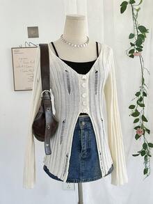 Apricot Long Sleeve Hollow V-Neck Knit Cover Up For Women, Fashion Street Party Casual Comfortable Sweater, Collegiate Style Fitted Daily Versatile Summer Solid Color Minimalist Sexy Top - Apricot - View 1