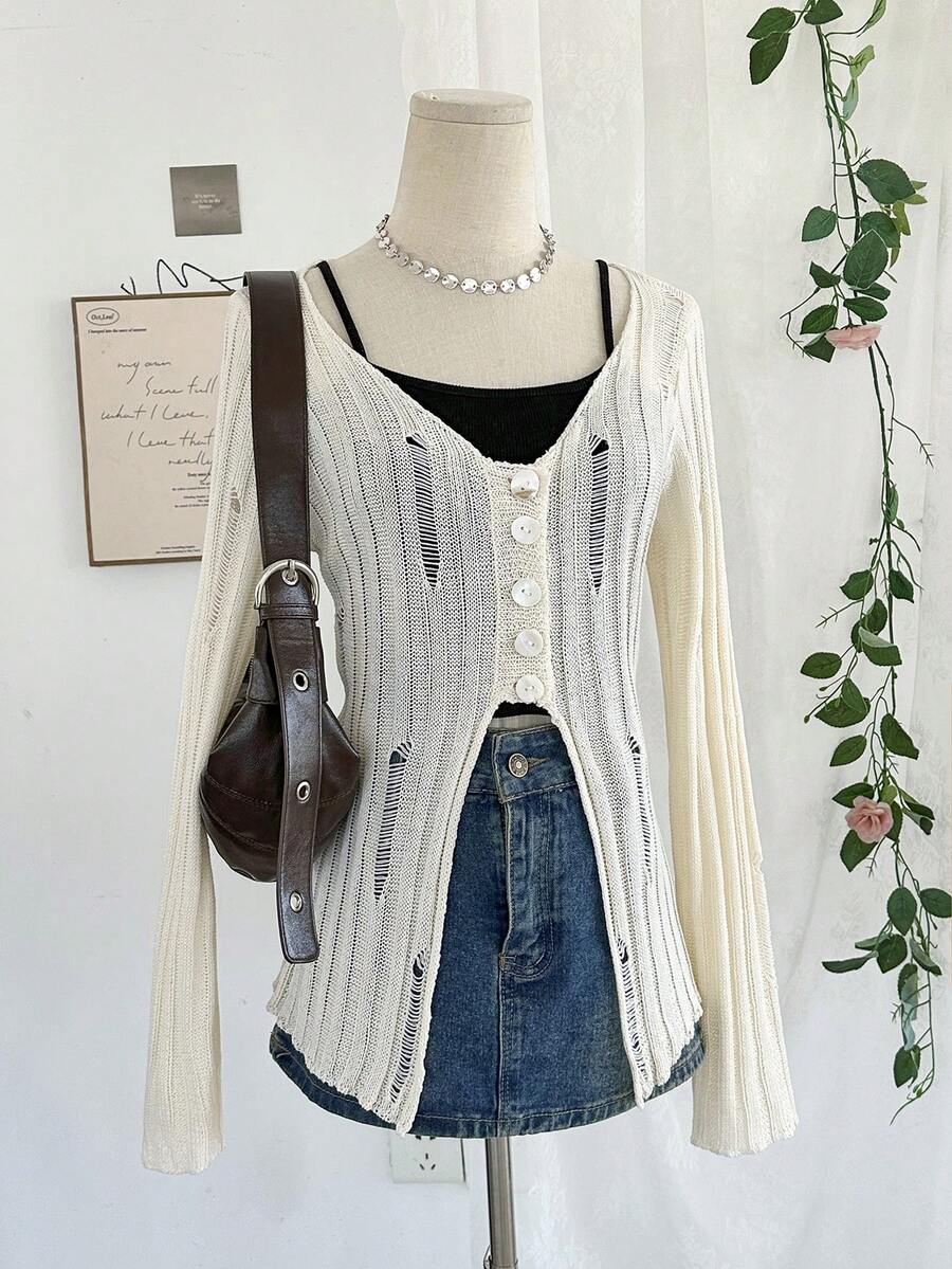 Apricot Long Sleeve Hollow V-Neck Knit Cover Up For Women, Fashion Street Party Casual Comfortable Sweater, Collegiate Style Fitted Daily Versatile Summer Solid Color Minimalist Sexy Top - Apricot - View 1