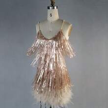 Women's Sleeveless Pink Fringe Feather Party Mini Skirt, Spaghetti Strap Neckline, Fashionable And Dazzling, Perfect For Night Out Elegant - Champagne - View 5
