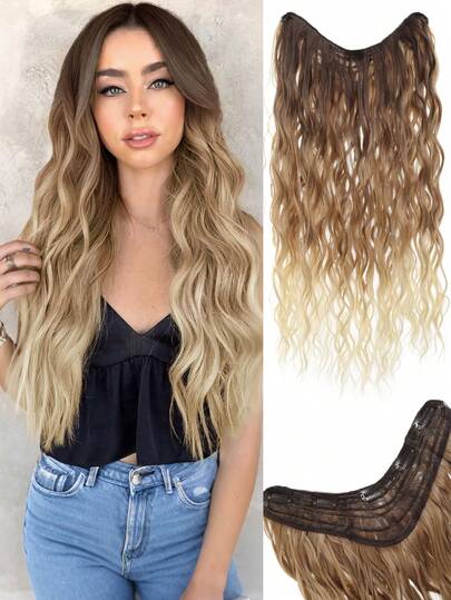 合成夹式接发，一体式V型接发，合成接发，24英寸长水波纹接发，适合女孩和女士，全头卷发片