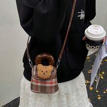 1pc Cute Panda Design Children's Crossbody Bag, Retro Plaid Stylish Handbag, Makeup Bag - Brown - View 9