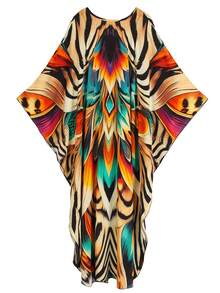 Damski kaftan z kwiatowym nadrukiem 2026 Wiosna/Lato Nowa kolekcja Głęboki dekolt w serek Ręcznie tkany dekolt Długie rękawy typu nietoperz Długie okrycie na wakacje Okrycie plażowe Okrycie na strój kąpielowy Szlafrok bankietowy - Wielokolorowe - Zobacz 3