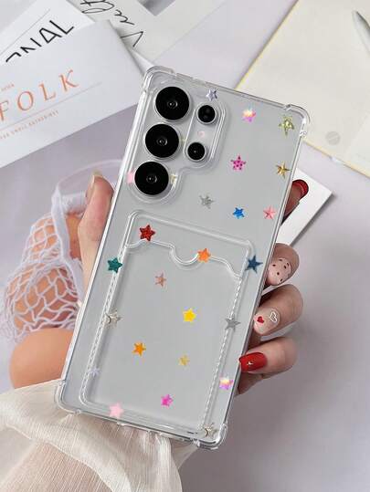 1pc Transparent Shockproof Card Holder TPU Phone Case With Colorful Star & Cherry Pattern, Compatible With Google Pixel 7, Galaxy S25 Ultra/A14/A24, Android Phones Redmi Note 12 Pro, Pixel 8/8 Pro
