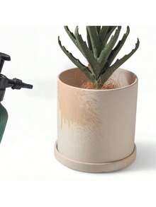 1pc Nordic Minimalist Breathable Ceramic Flower Pot With Tray, Suitable For Succulents - Beige - View 2