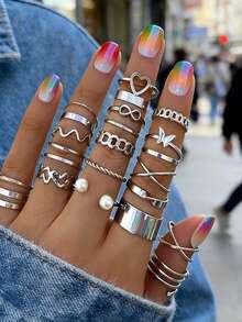 22PCS Women's Adjustable Ring Set - Stackable Gold Pearl/Heart/Infinity/Star Multi-Style Fashion Finger Jewelry For Daily & Party Outfits - Pearl Butterfly 22 Pieces - View 6