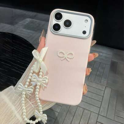 真皮可爱粉色蝴蝶结元素时尚防震单件装真皮纹理纯粉色手机壳，可爱少女风，配有仿珍珠蝴蝶结和可拆卸挂绳，防震防滑防刮，兼容 17、17 Pro、17 Pro Max、17 Air、16、15、14、13、12、11、Pro、Pro Max、Plus、S20-S25/FE/Ultra、A56 5G等机型，春季礼物