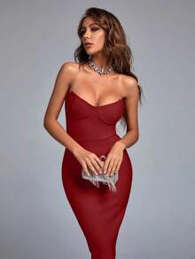 Bernatova Sexy Strapless Women Midi Long Rear Split Party Cocktail Evening Bandage Bodycon Dress For Birthday , Homecoming , Graduation , Wedding Guest , Dinner Party