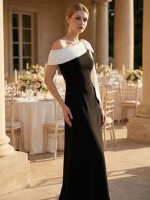 EVERPRETTY 优雅无袖不对称领口长款正式礼服，饰以白色蝴蝶结，适合女性出席各种盛大场合、派对、春季婚礼等。 - 黑與白 - 查看 2