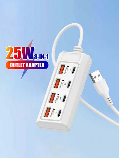 25W USB-C PD 8-In-1 Fast Charger, 4 USB-A + 4 Type-C Ports, Suitable For Laptops