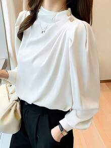 女士休闲通勤衬衫，立领，褶裥设计，公主袖，春秋季白色 - 白色 - 查看 4