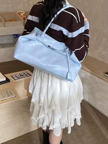 1个女士大容量手提包，PU皮革单肩包，休闲经典简约设计师商务风格包，时尚女士通勤包，黑色、白色、棕色、银色 - 霧霾藍 - 查看 4