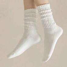 3 Pairs Autumn/Winter Solid Color Thick Warm Crew Socks, Yoga Socks, House Socks - White - View 4