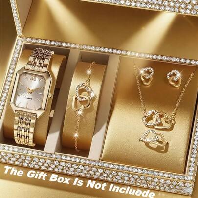 6pcs Women's Watch Set Gift, Diamond Silver Band Necklace Earrings Ring Set. 6pcs Jewelry Set, Suitable As Gift For Mom, Wife, Girlfriend, Anniversary, Birthday, Christmas, Valentine's Day