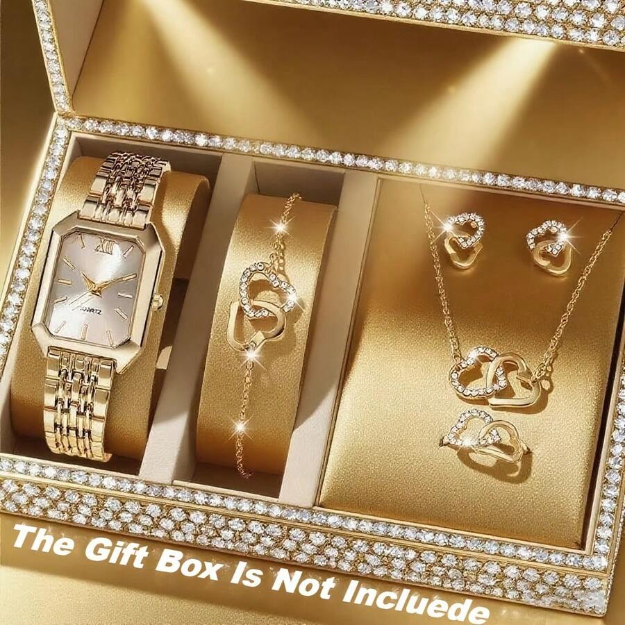 6件套女士手表套装礼盒，钻石银戒指项链耳环套装。6件套首饰套装，适合作为礼物送给妈妈、妻子、女友，周年纪念日、生日、圣诞节、情人节等场合。 - 金色 - 查看 1