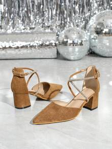 镶钻尖头粗跟优雅礼服鞋，适合宴会和派对，时尚百搭的镂空高跟鞋。红色高跟鞋、黑色高跟鞋、闪亮时尚派对高跟鞋。 - 卡其色 - 查看 6