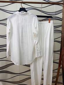 Linen Shirt And Pants Set (2 Pieces), Lined With Elastic. - trắng - Xem 6