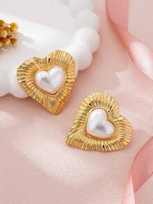 1 Pair Fashionable Heart Inlaid Stud Earrings, Suitable For Women's Party, Gathering, Daily Wear, Versatile, Gift