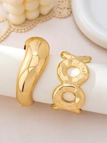 2pcs/1pc Minimalist Geometric Smooth Curved S-Shaped Wave Line Metal Bangle Set, Suitable For Women, Thick Heavy-Duty Smooth Metal And Zinc Alloy Material Bracelet Set - Yellow Gold - View 2