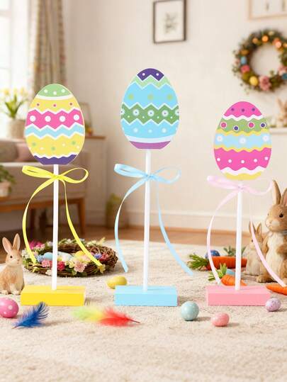 3pcs Easter Tiered Tray Decor Set, Wooden Easter Eggs Decorations,Happy Easter Signs, Easter Table Decorations, Colorful Easter Eggs For Easter Day Home Farmhouse Kitchen Decorations, Spring Table Ornaments,Easter Party Decor,Easter Decorations For Home,Easter Egg Hunt Party Supplies,Easter Gifts