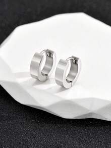 1 Pair Fashionable Stainless Steel Round Hoop Earrings, Minimalist Style Unisex Jewelry Suitable For Daily Wear, Travel, Decoration - Silver - View 2