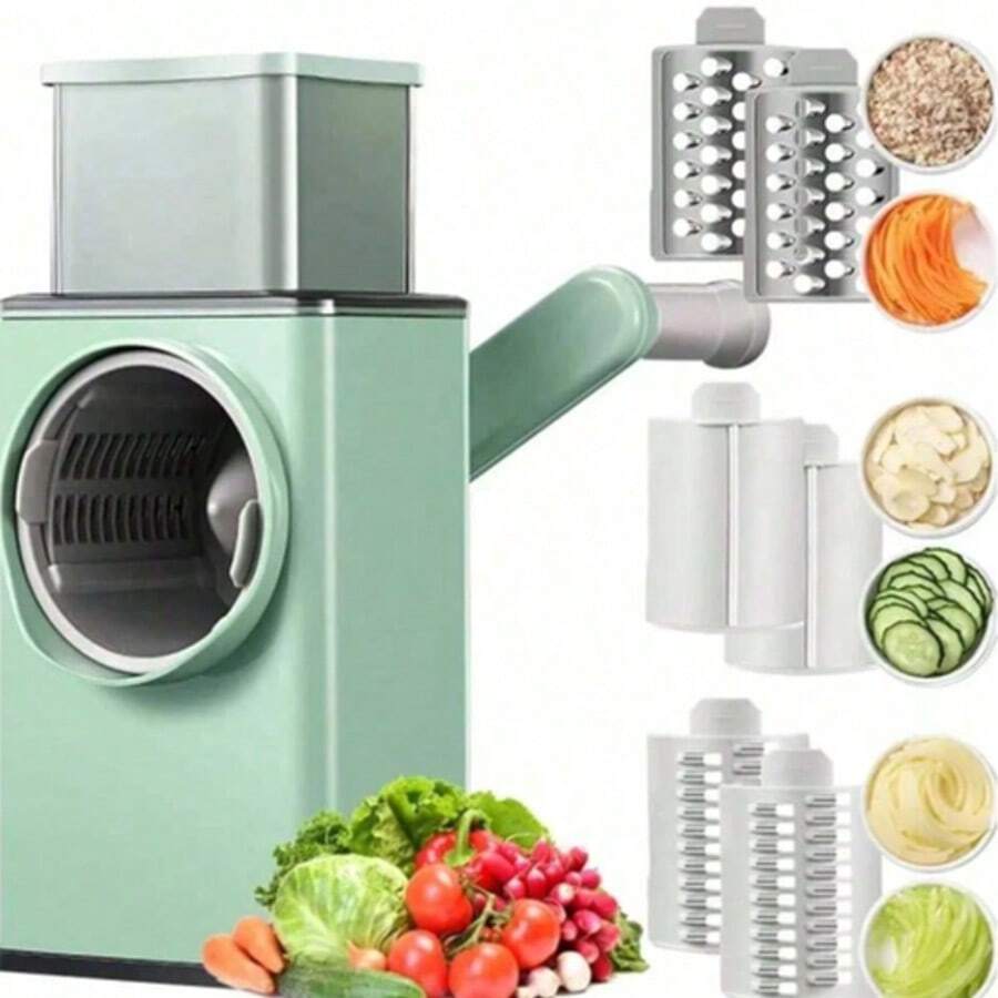 3-In-1 Rotary Manual Vegetable Chopper/Shredder/Slicer Set With 6 Interchangeable Stainless Steel Blades. Includes Non-Slip Mat, Suitable For Slicing Cheese, Vegetables, Nuts And Potatoes. Essential Kitchen Tool. - Green - View 1