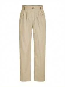 Men's Linen Pants Solid Color Pleated Mid Waist Straight Leg Casual Trousers With Pockets For Daily Office - 卡其 - 查看 2