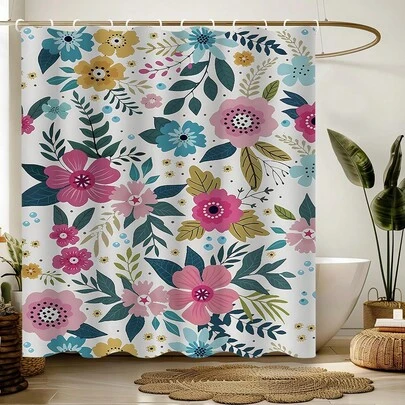 4pcs Floral Shower Curtain Set, Red Rose Shower Curtain With Bath Mat, U-Shape Mat, Toilet Lid Cover And 12 Hooks