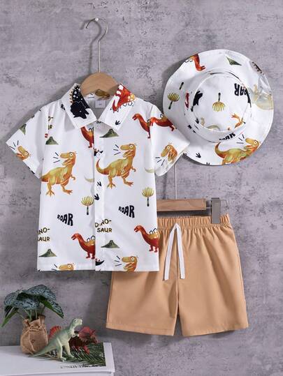 2pcs/Set Toddler Boys' Casual Printed Decor Button Collar Short Sleeve Top With Hood And Solid Elastic Waist Pants, Spring/Summer