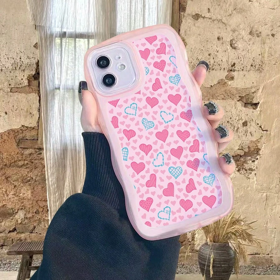 1pc Fashionable Wavy Irregular Protective Phone Case With Heart Pattern, Compatible With IPhone 17 Air/17 Pro/17 Pro Max/17/16e/16/15/14/13/12/11/X/XR/8/7, Galaxy A14/A15/A54/S24/S24 Ultra Series - Pink - View 1