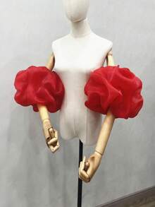 1 双白色欧根纱泡泡袖云朵袖，带弹性袖口，新娘短袖袖口