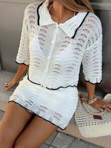 2pcs Women's Minimalist Elegant Knit Sweater Set, Chic Campus Style, Spring/Summer - White - View 7