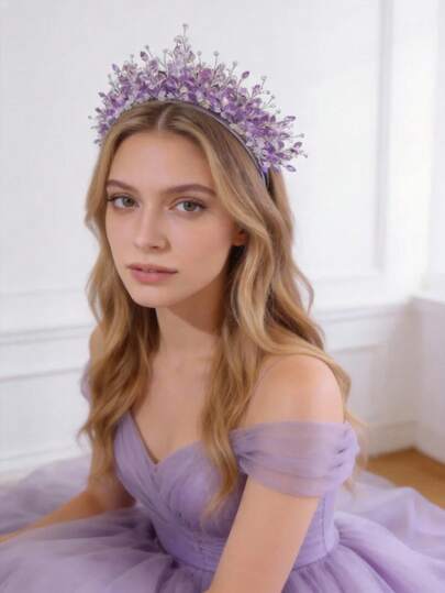 1pc Crystal Purple Headband Princess Birthday Crown, Dark Formal Dress Gothic Headpiece, Bridal Rhinestone Wedding Hair Accessory, Party Festival Decoration