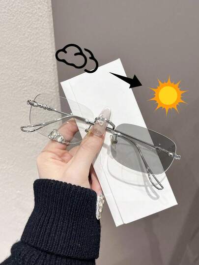 1 pieza Gafas sin montura de cobre con efecto fotocromático, gafas de moda para mujer para la vida diaria, actividades al aire libre, citas y salidas