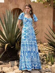 Faeriesty 优雅女士心形领连衣裙：波西米亚风刺绣印花连衣裙，泡泡袖，修身胸衣，层叠荷叶边下摆，腰部饰以精致点缀——完美适用于花园婚礼、波西米亚风新娘写真、私奔之旅、浪漫周年庆典、乡村户外活动等夏季场合。 - 藍色 - 查看 4